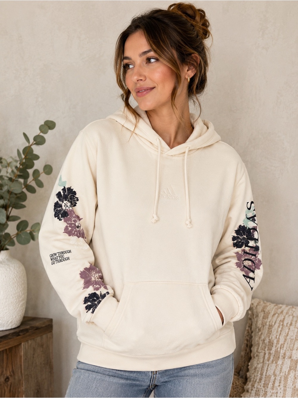 adidas Cream Hoodie with Floral Sleeve Graphics Size S